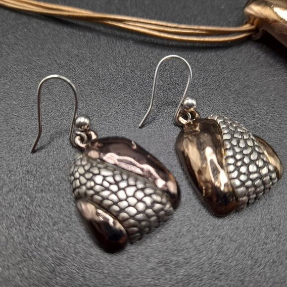 Chico's Bronze Silver Pendant Necklace Drop Earrings Set, Three Gold Cords, 20" - Picture 9 of 12